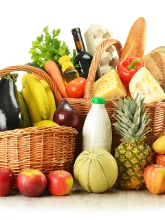 бутылки, Корзины, вино, фрукты, хлеб, продукты, яйца