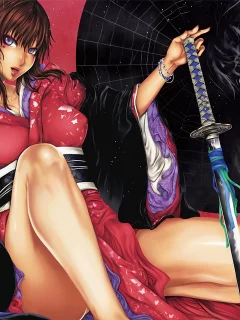 меч, Арт, кимоно, пионы, yatagarasu, катана, девушка, цветы