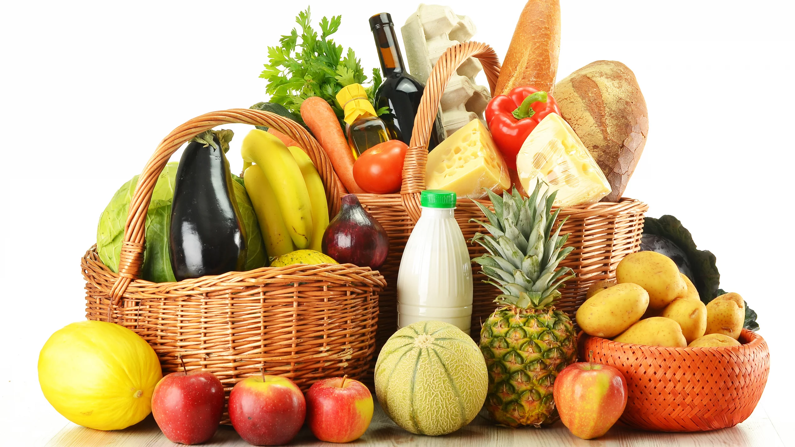 бутылки, Корзины, вино, фрукты, хлеб, продукты, яйца