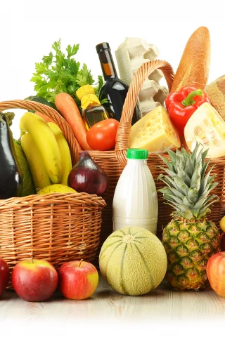 бутылки, Корзины, вино, фрукты, хлеб, продукты, яйца