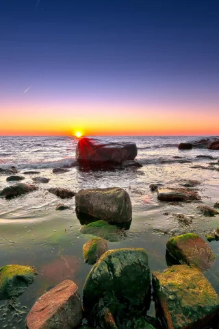 небо, водоросли, горизонт, рифы, скалы, море, Камни