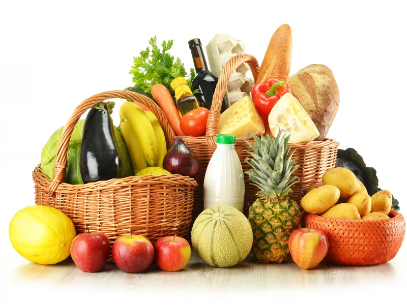 бутылки, Корзины, вино, фрукты, хлеб, продукты, яйца