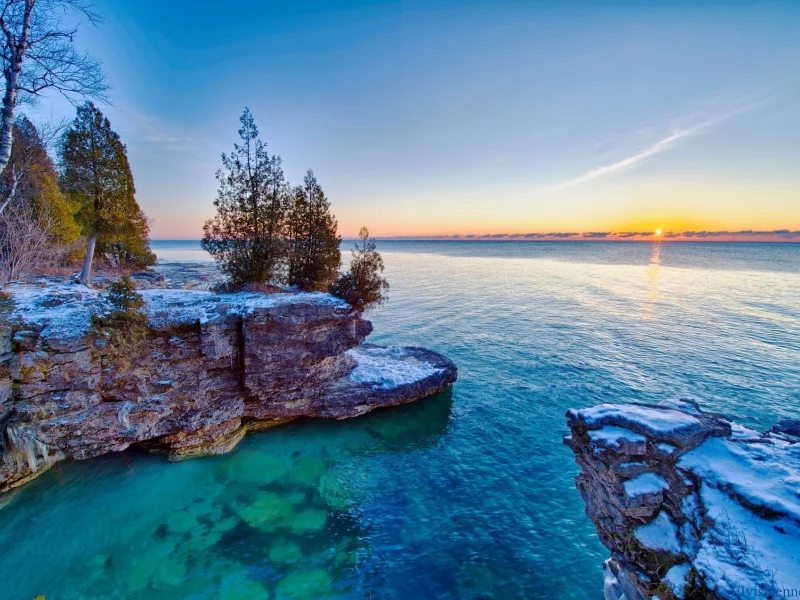 озеро мичиган, деревья, скалы, восход, Lake michigan