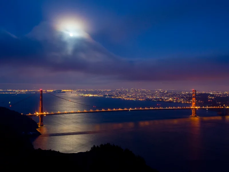 san francisco, мост, облака, луна, Golden gate