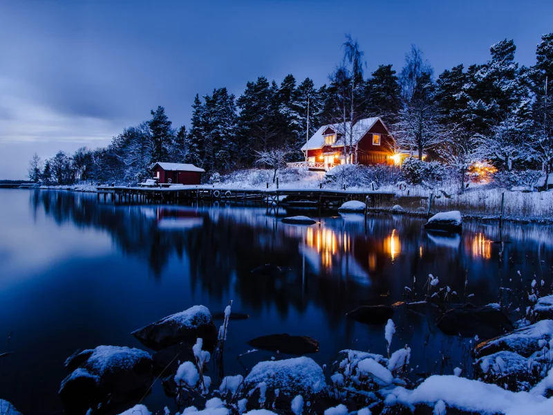 вода, Stockholm, зима, снег, дом, sweden, лес, отражение, деревья