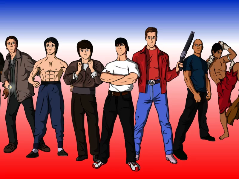 Action heroes, брюс ли, арнольд шварценеггер, чак норрис