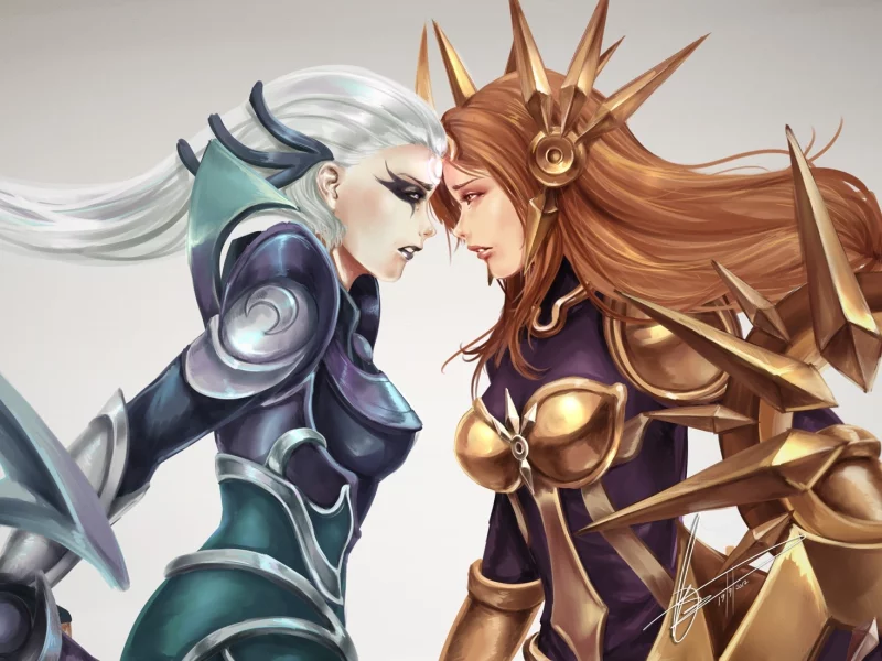 лицом к лицу, diana, leona, Арт, броня, league of legends, девушки