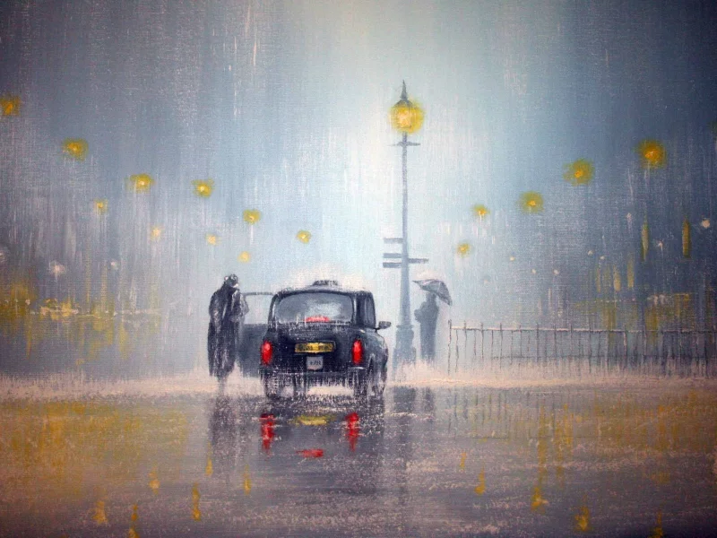 фары, фонари, человек, зонт, Jeff rowland, свет, дождь, машина