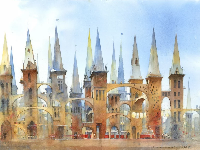 Арт, люди, дома, рисунок, арки, tytus brzozowski