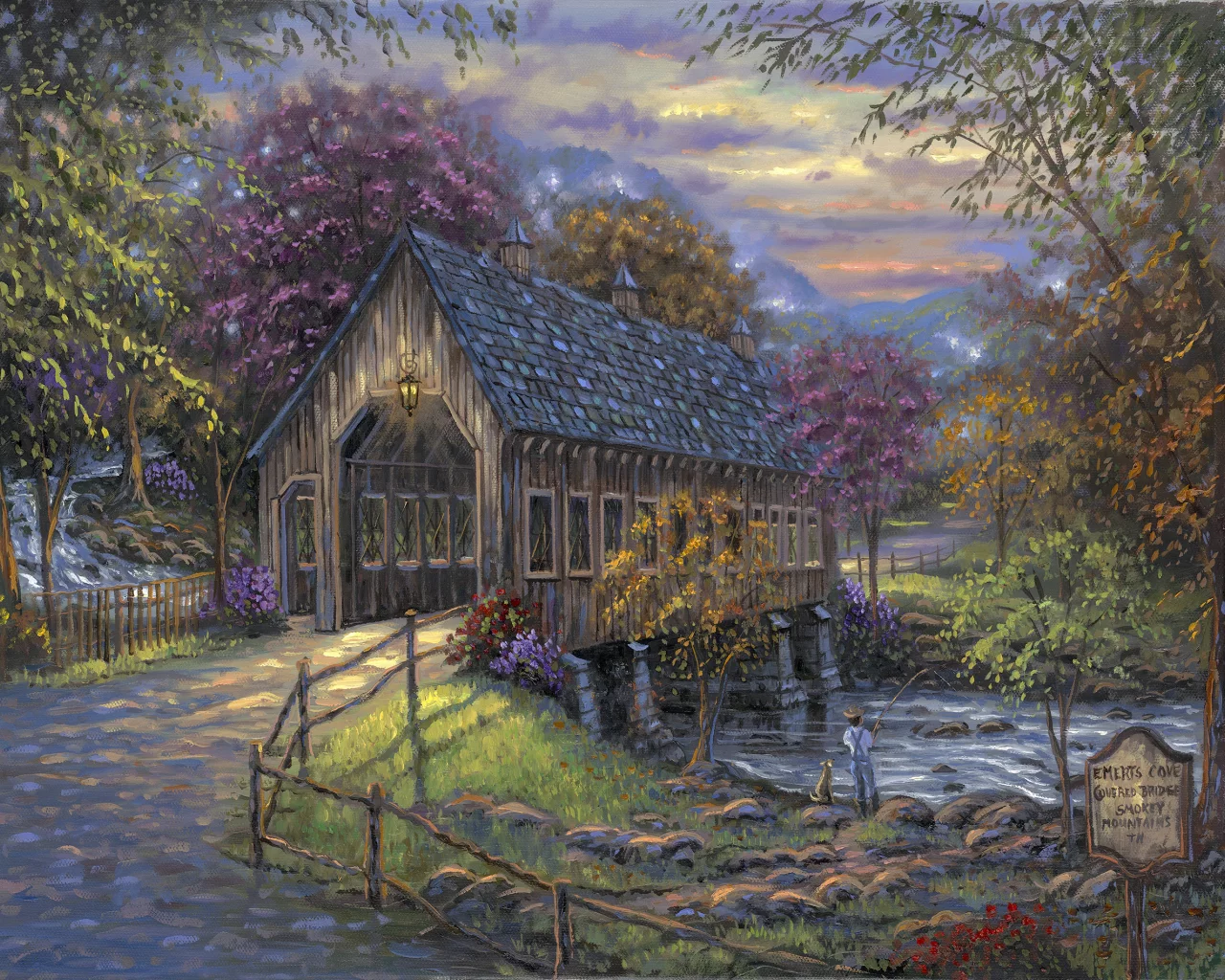 крытый мост, река, Robert finale, живопись, emerts cove covered bridge