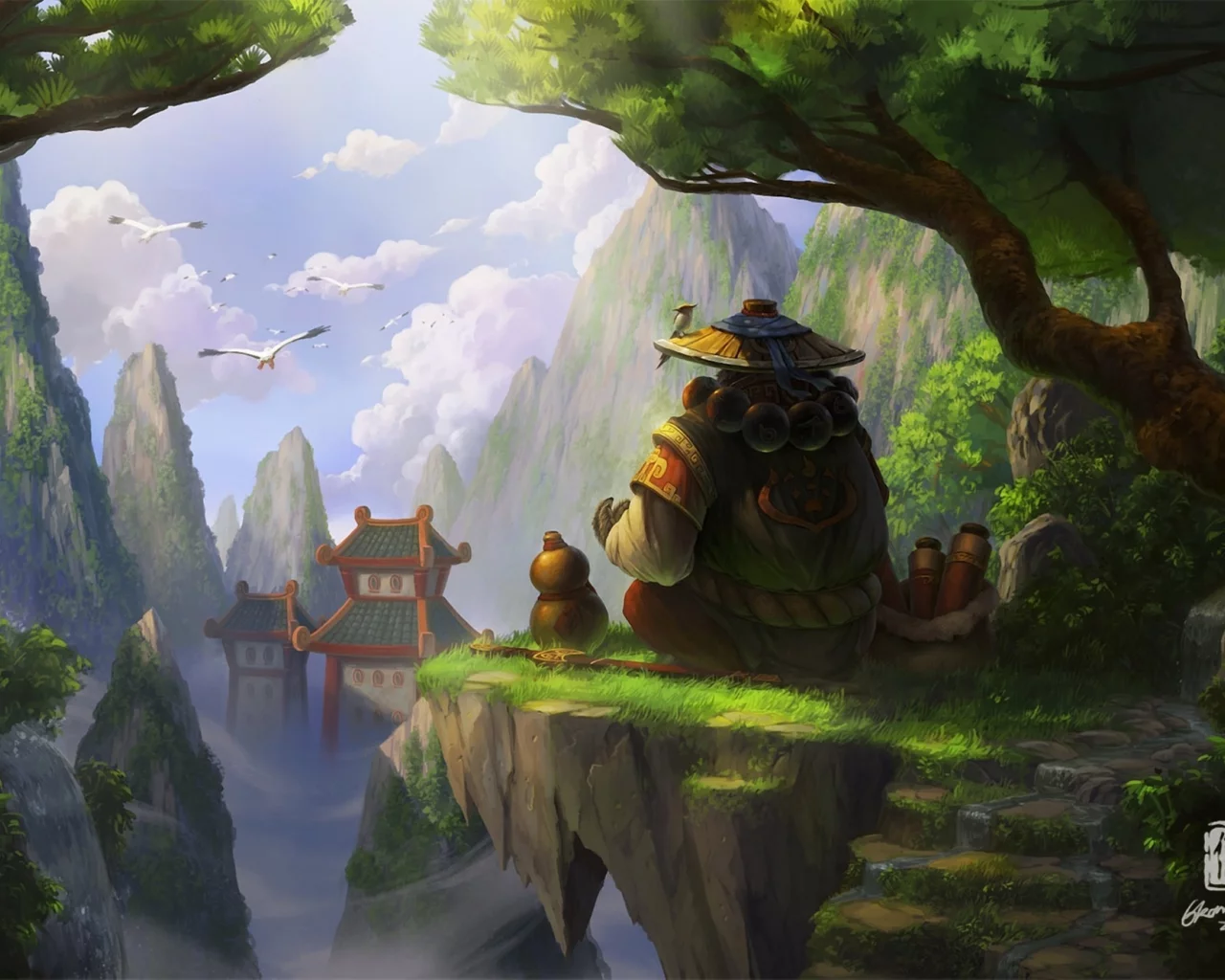 азия, панда, world of warcraft, скалы, птицы, Арт, mists of pandaria