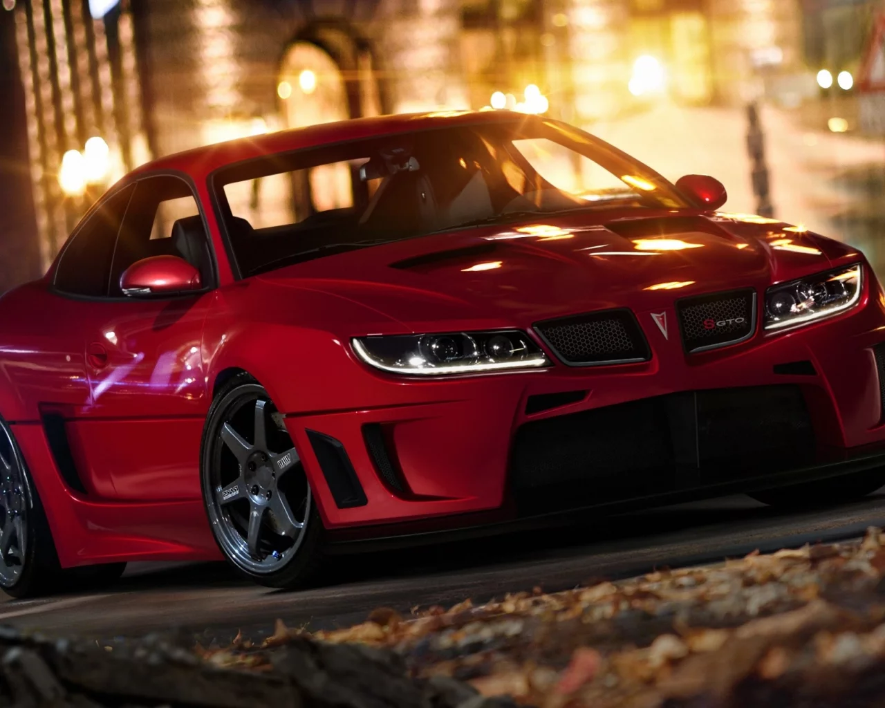 красная, огни, город, машина, gto, Pontiac, ночь