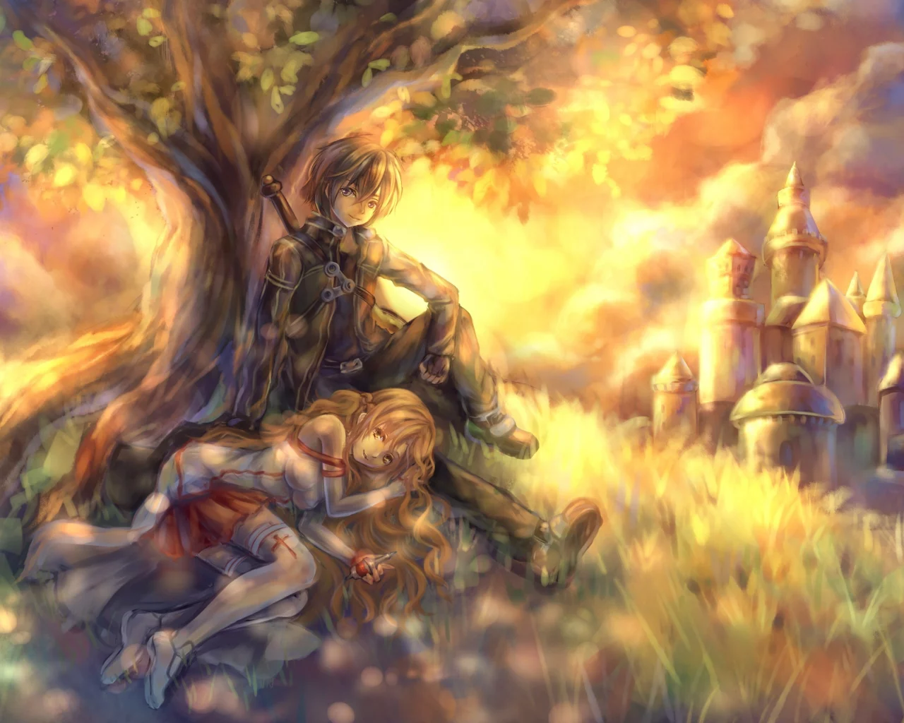 sword art online, tandolcedeco, дерево, Арт, kirigaya kazuto , yuuki asuna , замок