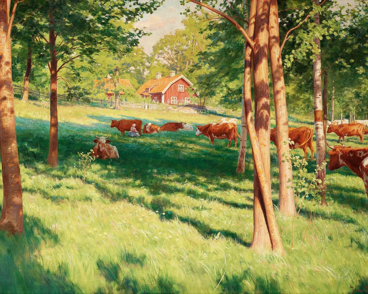 лес, пейзаж, Картина, деревня, луг, johan krouthen, лето