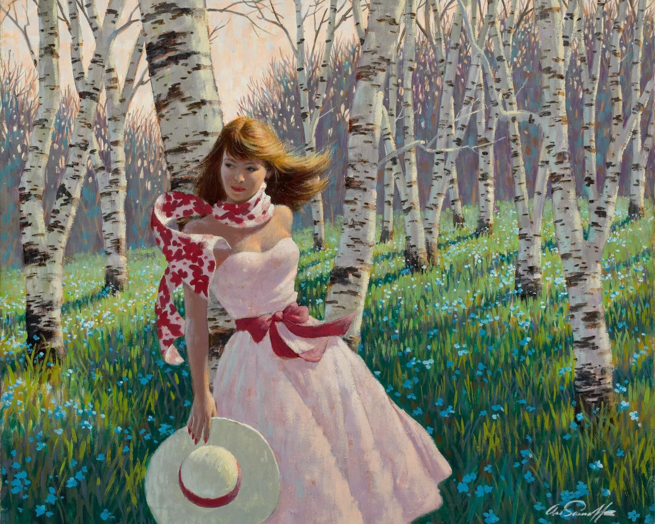 Arthur saron sarnoff, розовое платье, birch forest, живопись, девушка