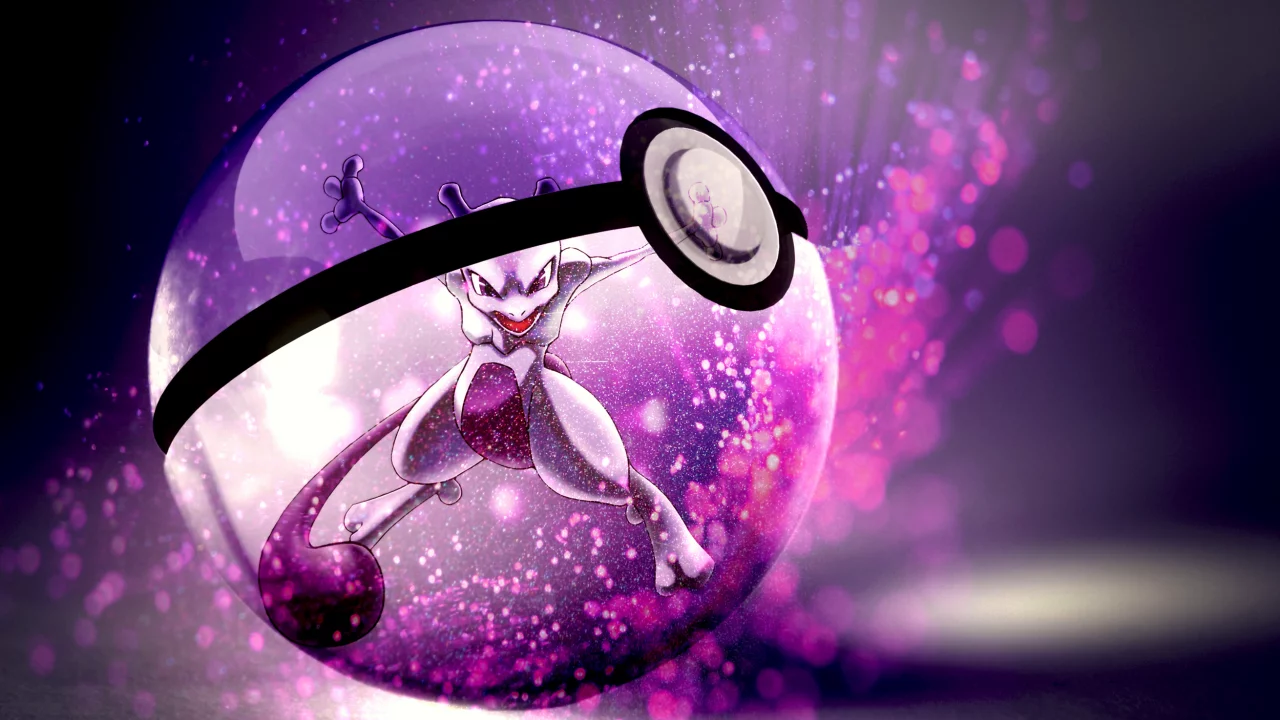 mewtwo, красные глаза, Pokemon, открытый рот, хвост, pokeball