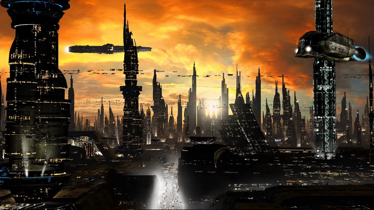 ships, sci-fi, Futuristic city 1, towers, cityscape, planet, rich35211, scott richard
