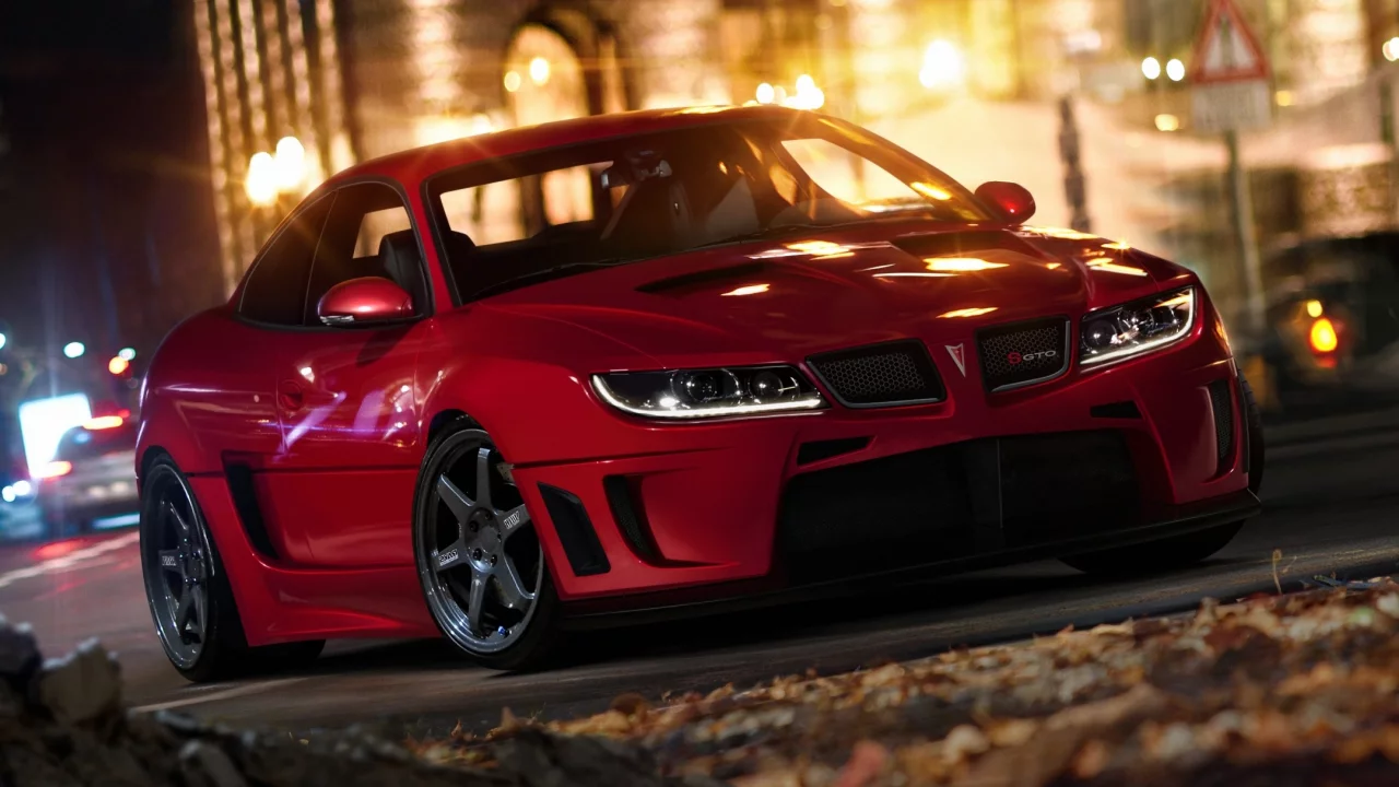 красная, огни, город, машина, gto, Pontiac, ночь