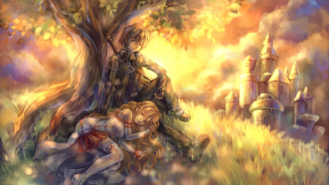 sword art online, tandolcedeco, дерево, Арт, kirigaya kazuto , yuuki asuna , замок