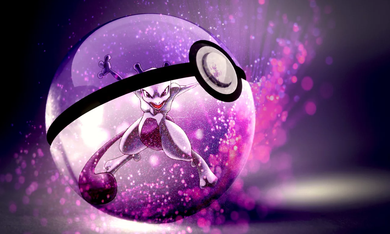 mewtwo, красные глаза, Pokemon, открытый рот, хвост, pokeball