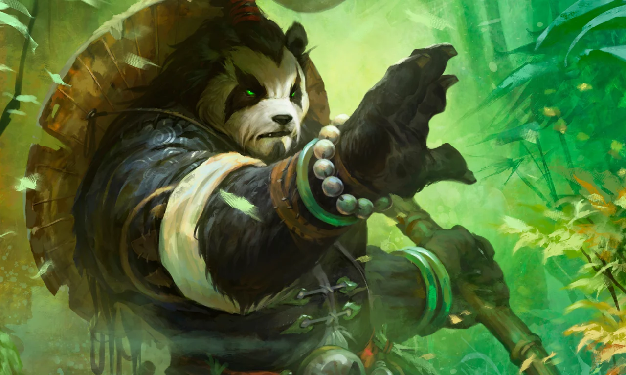 Арт, world of warcraft, mists of pandaria, посох, лес, панда