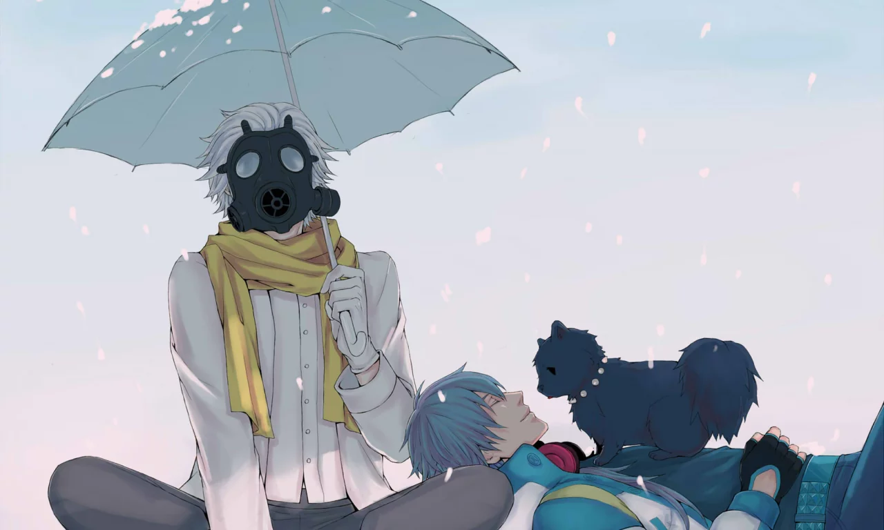 снег, зонт, aoba, парни, clear, шарф, Dramatical murder, противогаз