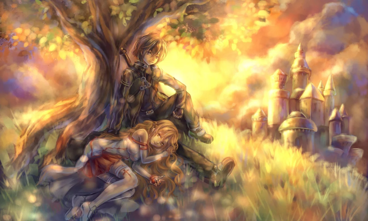 sword art online, tandolcedeco, дерево, Арт, kirigaya kazuto , yuuki asuna , замок