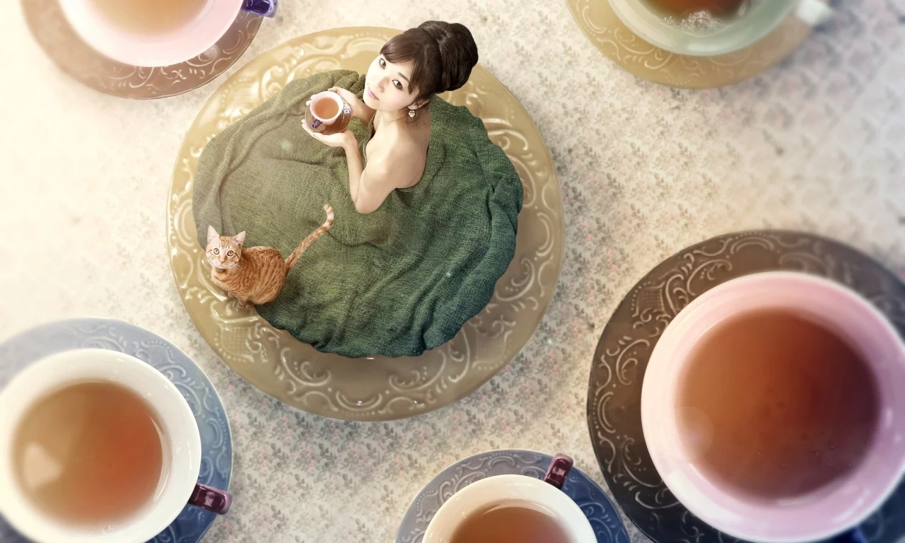 кружки, Азиатка, кот, чай, чашки