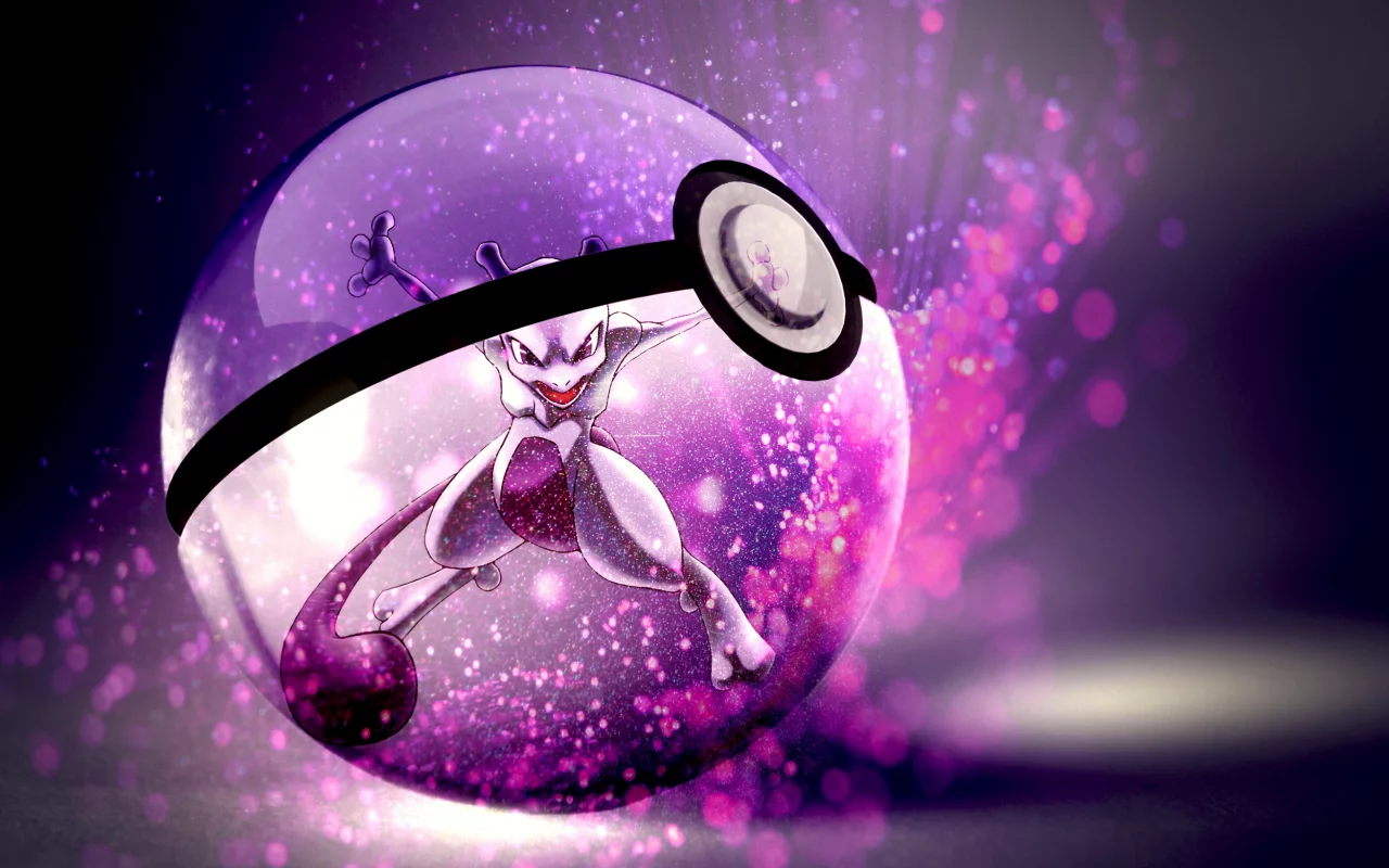 mewtwo, красные глаза, Pokemon, открытый рот, хвост, pokeball