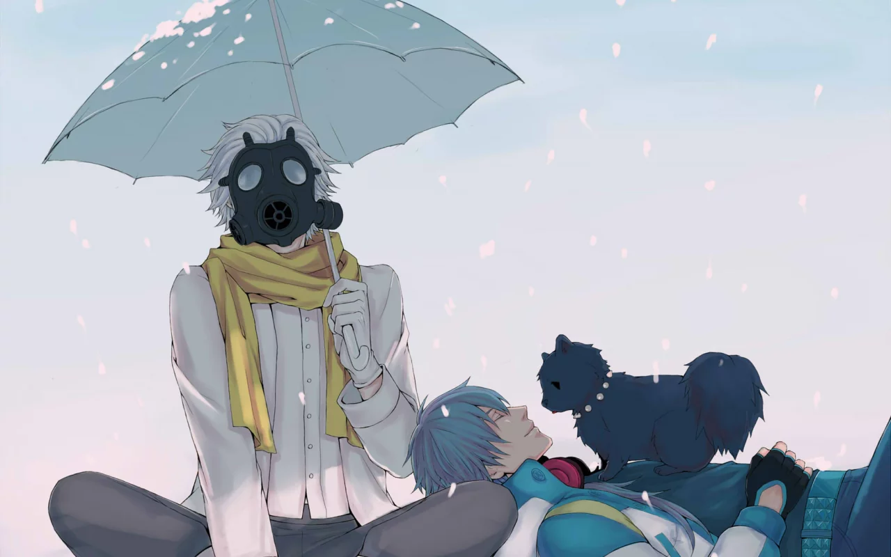 снег, зонт, aoba, парни, clear, шарф, Dramatical murder, противогаз