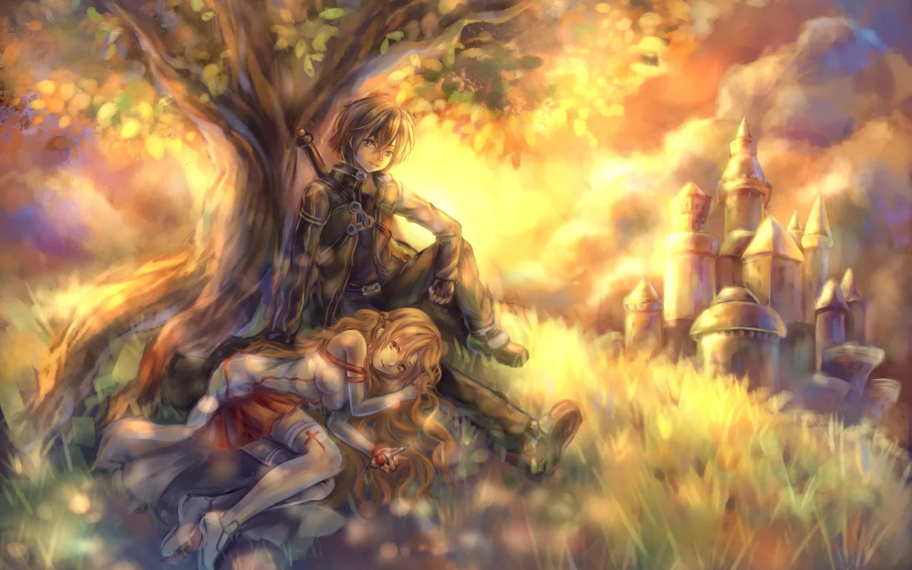 sword art online, tandolcedeco, дерево, Арт, kirigaya kazuto , yuuki asuna , замок