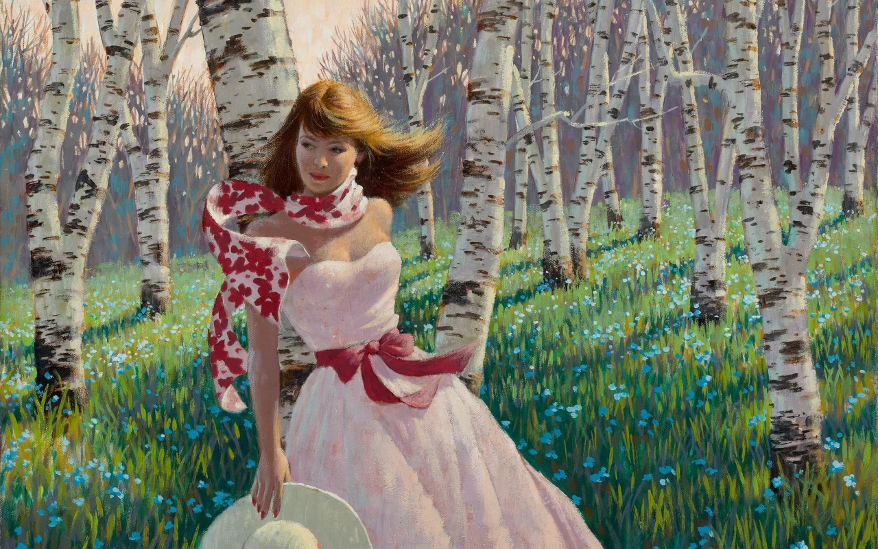 Arthur saron sarnoff, розовое платье, birch forest, живопись, девушка