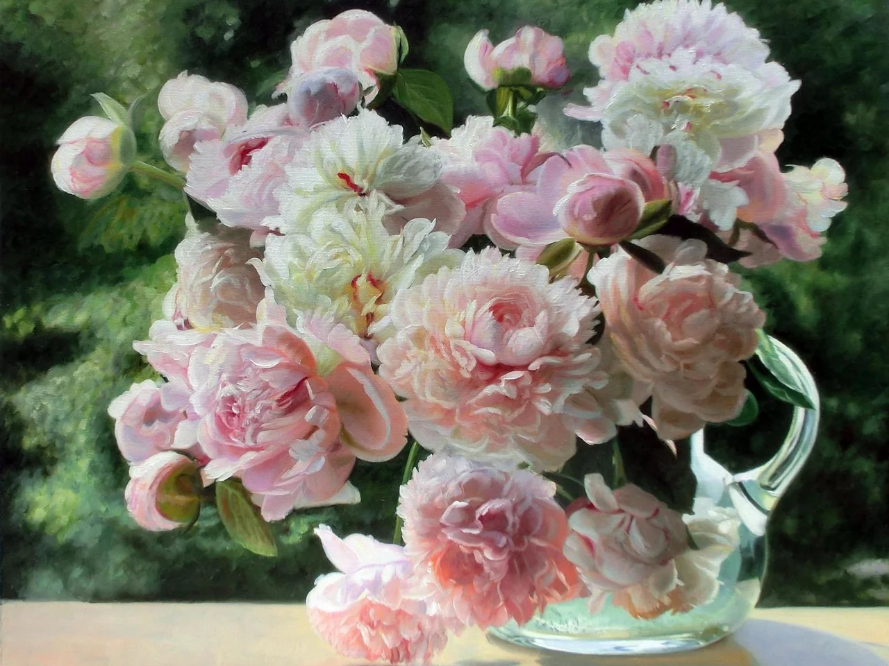 цветы, zbigniew kopania, графин, натюрморт, пионы, Картина