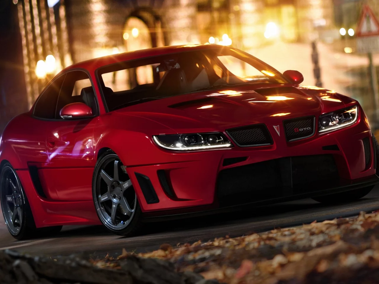 красная, огни, город, машина, gto, Pontiac, ночь