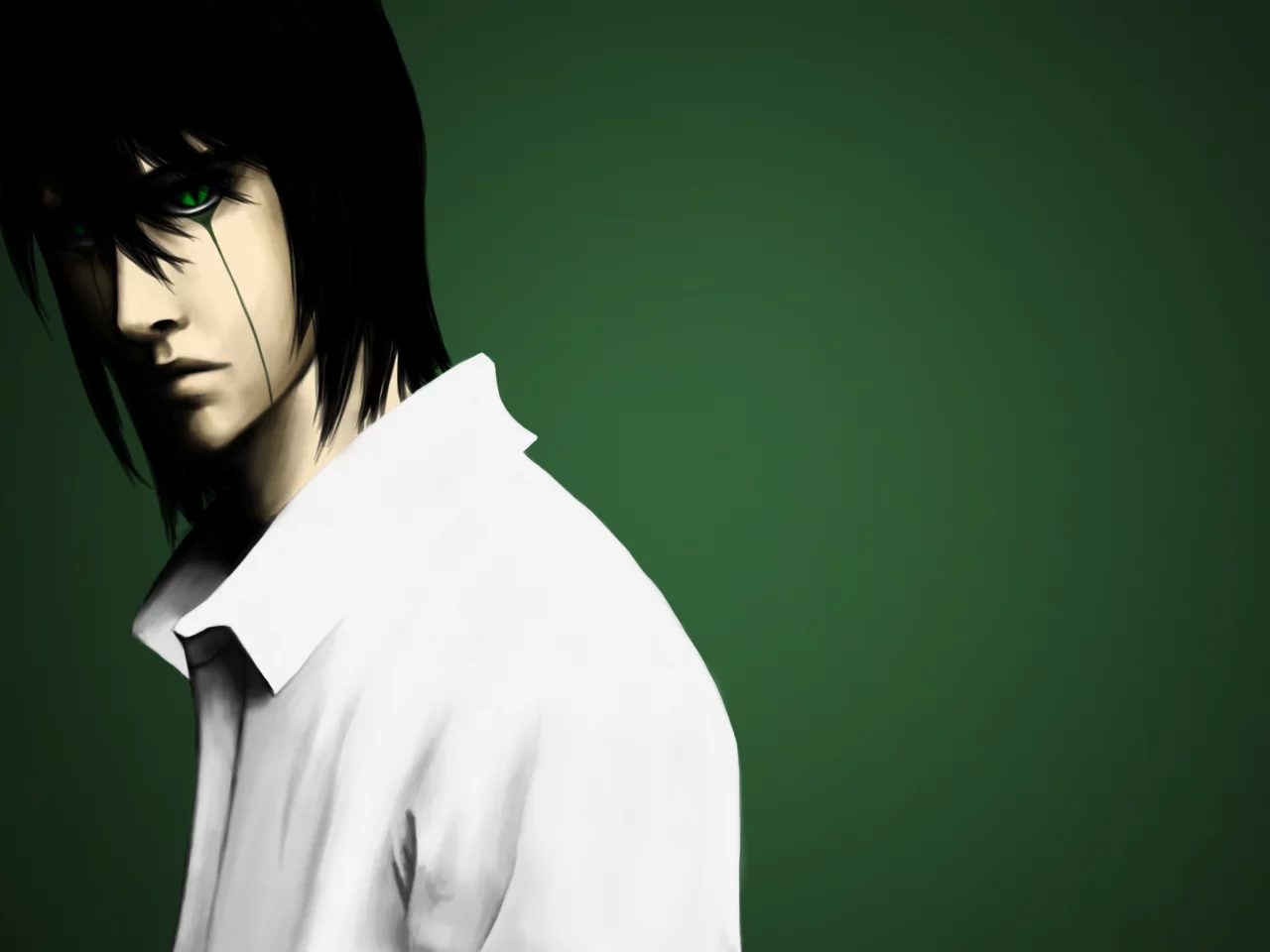 рубашка, ulquiorra schiffer, bleach, парень, tesorone, зеленый фон, Арт