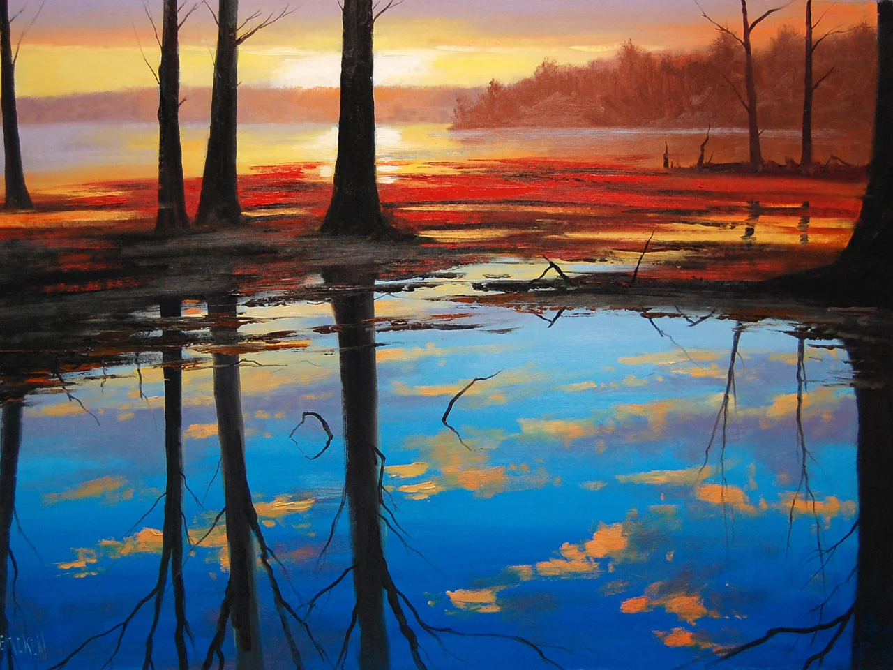 artsaus, стволы, рассвет, природа, деревья, озеро, Арт, вода