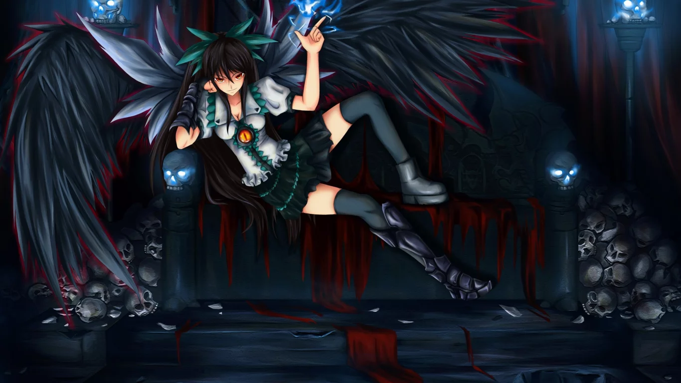 reiuji utsuho, Арт, диван, девушка, крылья, черепа, shou mai, touhou