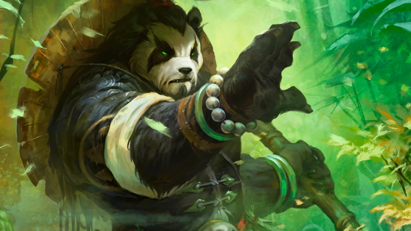 Арт, world of warcraft, mists of pandaria, посох, лес, панда