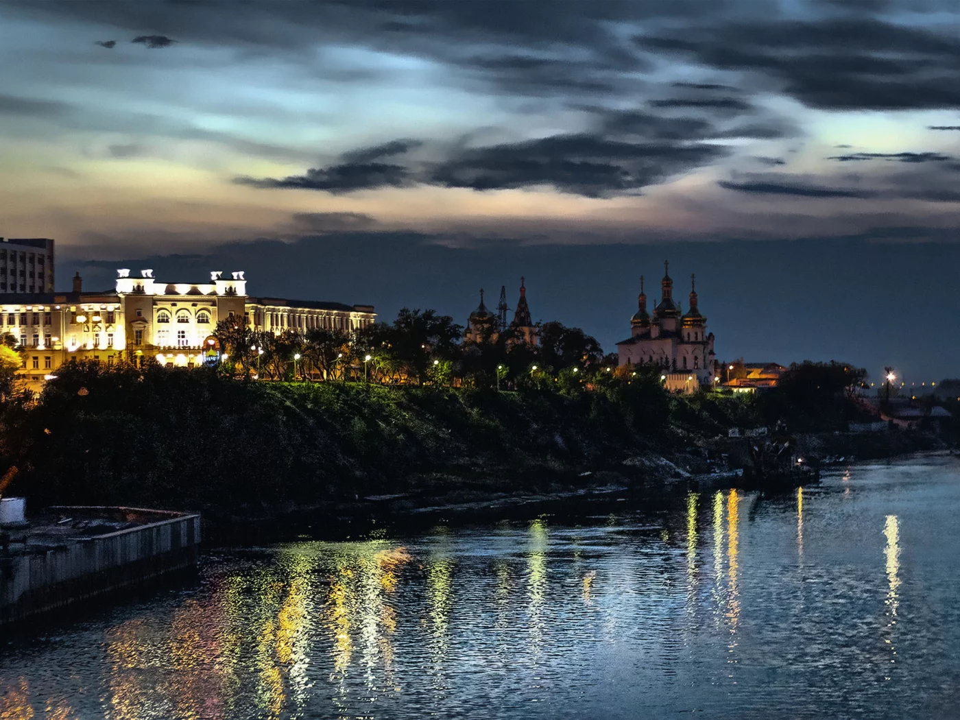 река, закат, тюмень, город, Ночь, набережная, огни