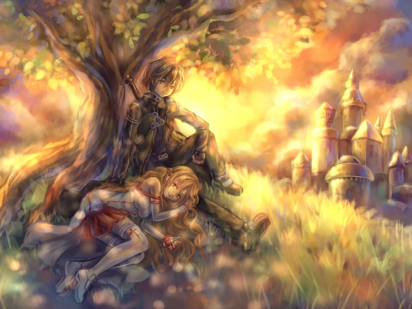 sword art online, tandolcedeco, дерево, Арт, kirigaya kazuto , yuuki asuna , замок