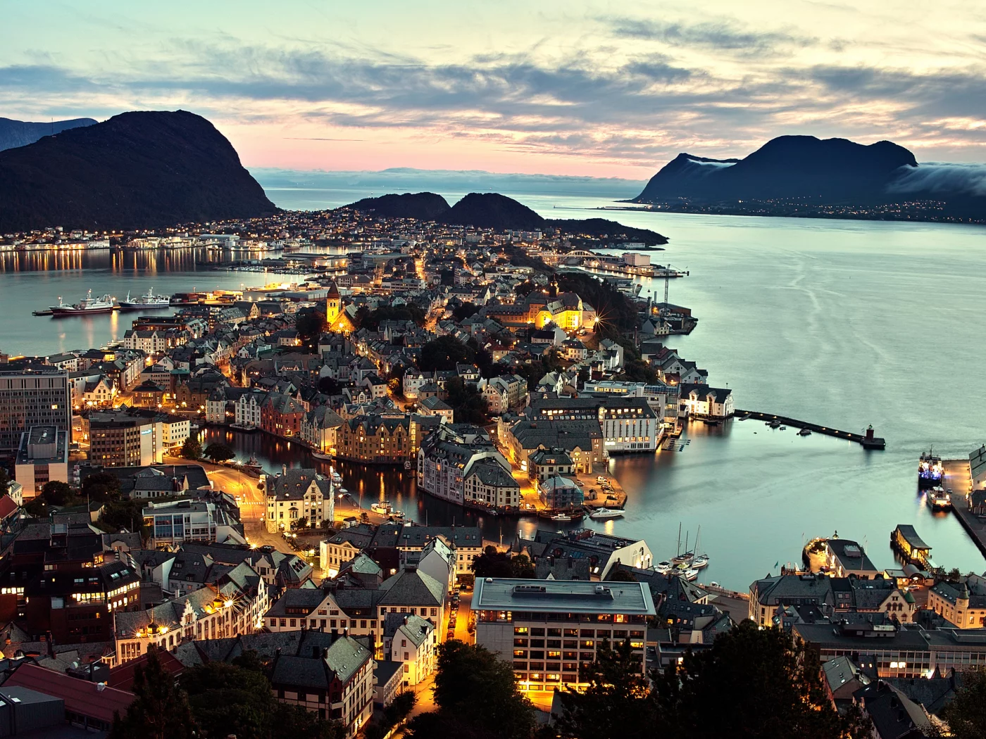 норвегия, олесунн, город, море, __lesund, Norway, панорама