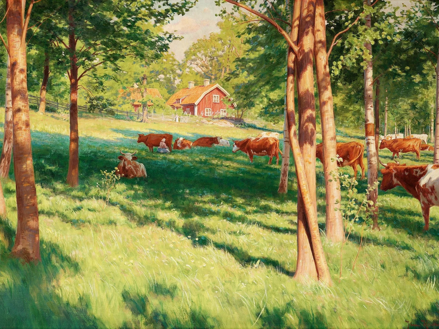лес, пейзаж, Картина, деревня, луг, johan krouthen, лето