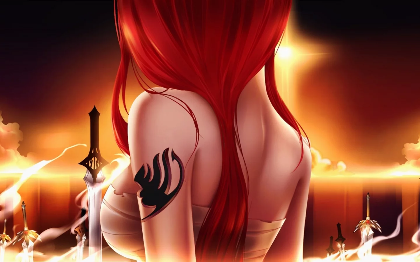 закат, erza scarlet, оружие, меч, тату, fairy tail, девушка, Арт