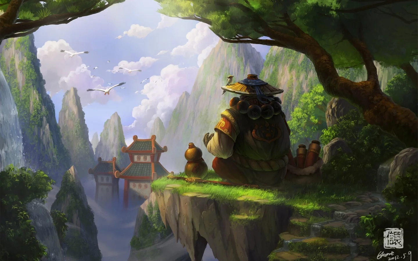 азия, панда, world of warcraft, скалы, птицы, Арт, mists of pandaria