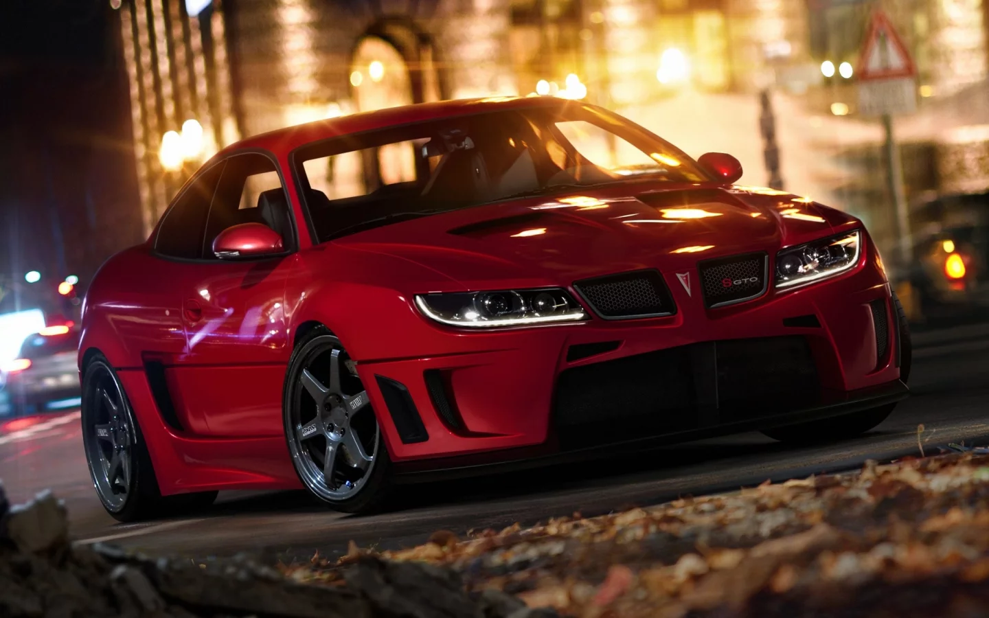 красная, огни, город, машина, gto, Pontiac, ночь