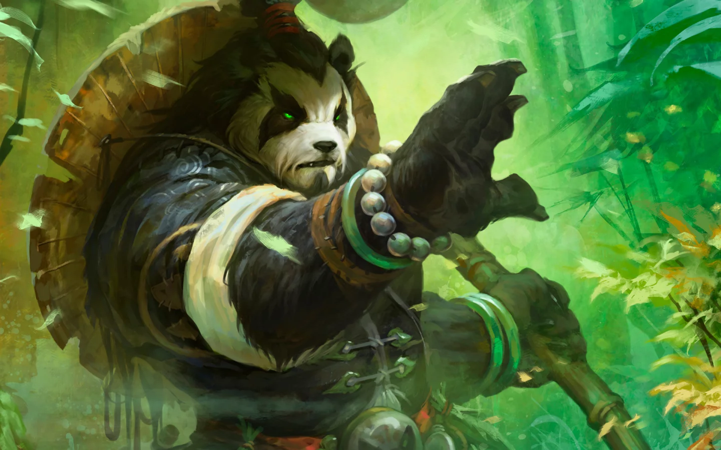 Арт, world of warcraft, mists of pandaria, посох, лес, панда