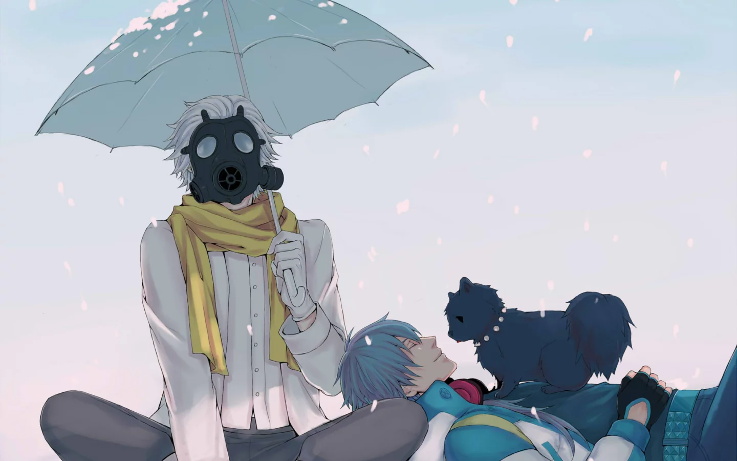 снег, зонт, aoba, парни, clear, шарф, Dramatical murder, противогаз