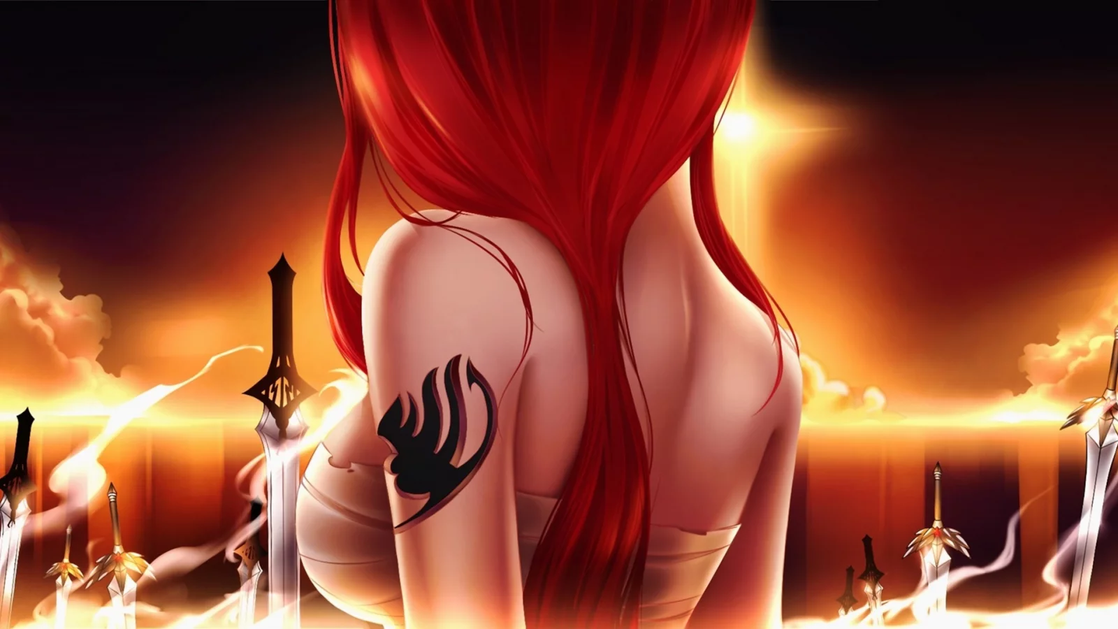 закат, erza scarlet, оружие, меч, тату, fairy tail, девушка, Арт