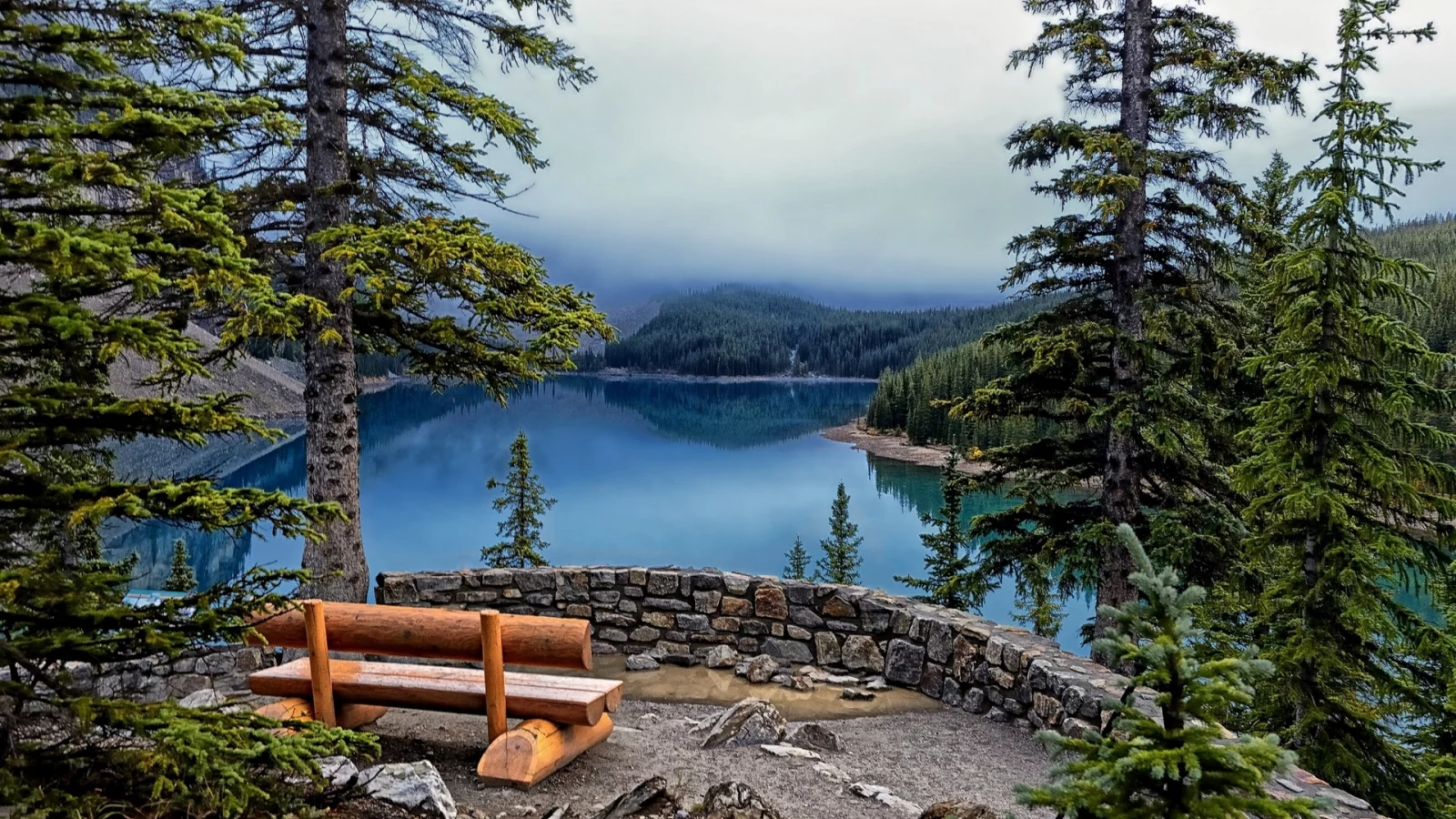 ели, скамейка, banff national park, Lake moraine, озеро, деревья
