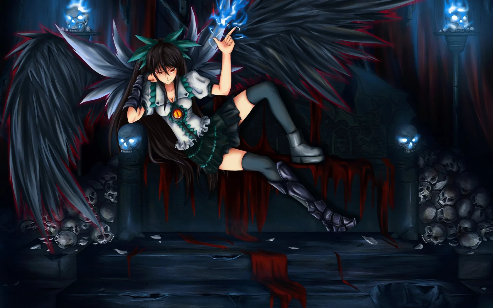 reiuji utsuho, Арт, диван, девушка, крылья, черепа, shou mai, touhou